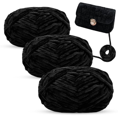 LEREATI Ciniglia Gomitoli per Uncinetto 3x100g Grossa Filato per Borse Uncinetto, Gomitolo di Lana Ciniglia, Cordino per Borse Uncinetto, Cappelli, Coperte, Sciarpe (Nero)
