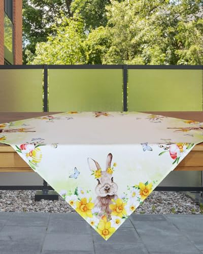 KAMACA Tischdecke Frühling Ostern Blumen Hasen Dekor Osterhasen Ostereier Bunt Waschbar Küche Esstisch Tisch Dekoration (85x85cm Hasen und Osterglocken)