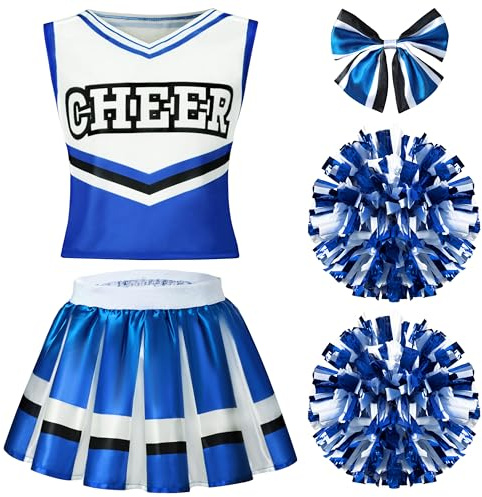 Spooktacular Creations Halloween Girl Cheerleader Costume, Blue Cheer Uniform Set, Cute Cheerleading Outfit with Accessories for Halloween Dress-Up, High School Themed Party