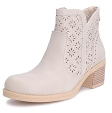 QUEEN HELENA Perforierte Stiefeletten mit Absatz Flache Stiefel mit Reißverschluss Casual Damen X30-106, beige, 36 EU