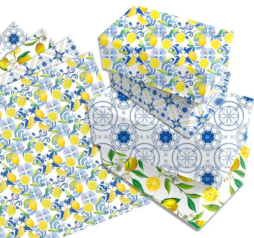 12 Blätt Zitronenblau und weißes Porzellan Geschenkpapier,Doppelseitig Bedrucktes Geschenkpapier Geburtstag 4 Arten Geschenkpapier Blatt für Kinder,Urlaub,Geburtstag Geschenkpapier 50 x 68 cm
