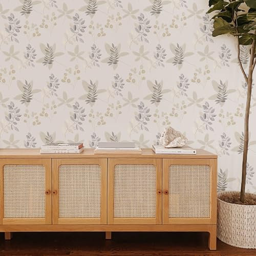 Selbstklebende Tapete Beige Blumen,44 x 500cm Tapete Grün Grau Blätter Boho Tapete Selbstklebende Tapete Hell Blumen Pflanzen Tapete Möbelfolie Selbstklebend für Badezimmer Wohnzimmer Schlafzimmer