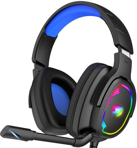 Jimonyer Gaming Headset for PC/PS4/PS5/Xbox One/Switch, Stereo Surround Sound Gaming Headphones with Noise Canceling Flexible Mic, Computer Headset with 3.5mm Jack & RGB Light(Blue)