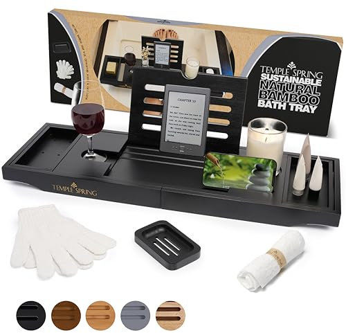Temple Spring Wooden Bath Tray, Bath Shelf Bathroom Accessory, Home Spa Boards for Adults, Bathtub Caddy, Bamboo Bathroom Accessories Set, Extendable Bathtub Rack with iPad & Phone Holder - Black