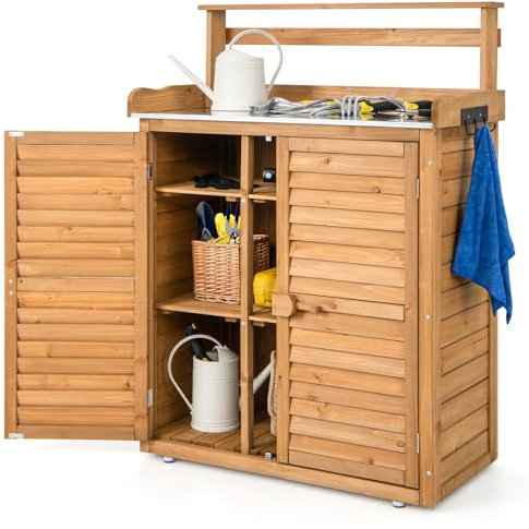 COSTWAY Armadio da Esterno in Legno, Casetta da Esterno con Ante, Ripiani e Serrature, Armadietto Versatile da Giardino, Balcone e Cortile (87 x 45 x 120 cm)