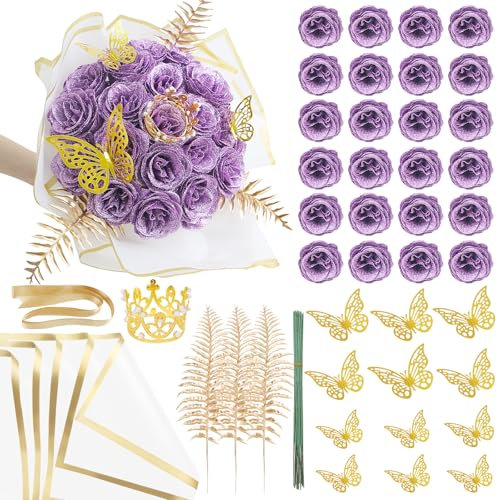 SEMONONIA Artificial Glitter Roses Bouquet - 24 Pack DIY Fake Shiny Bouquet Eternal Floral for Crafts Wedding Bouquet Anniversary Birthday Gifts, Valentine's Day Lilac