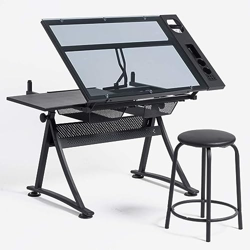 KOHARA Neigbarer Zeichentisch, Verstellbarer Kunsttisch, Mit Aufbewahrungs-Basteltisch, Zeichentisch Glasplatte, Zeichentisch