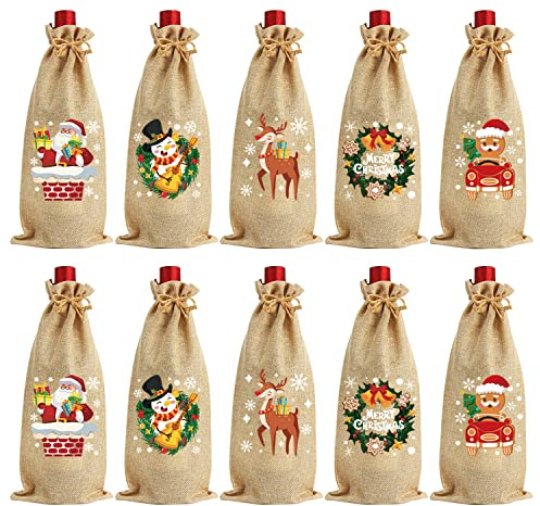 FOIMAS Christmas Burlap Wine Bags,10pcs Xmas Wine Bottle Gift Bag Cover with Drawstring for Christmas Party Wedding Party Supply
