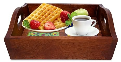 Craft Trade Mango Wood Serving Tray with Handle and 4 Fitted Floral Ceramic Tiles Wooden Platters Perfect for Breakfast Tea Coffee Snacks Dinner 23x23x8 cm