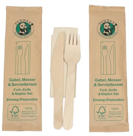 daybays 500 Stk. Holzbesteck Set mit Servietten als Einzel Verpackt Einweg Holzgabeln Holzmesser Besteck Set Holzgabel Einwegbesteck aus Holz Gabel Messer Wooden Forks Knife (500)