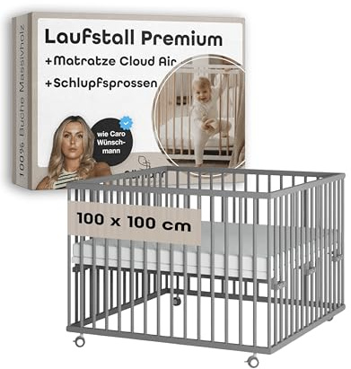 Sämann Laufstall Baby mit Matratze Cloud Air und Schlupfsprossen | TÜV geprüft | stufenlos höhenverstellbar | Laufgitter Premium | Babybett aus Holz | Krabbelgitter (grau, 100x100 cm)