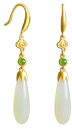 Lllunimon Style Chinois Eau Drop-Shaped Hetian Jade Boucles D'Oreilles, Nouveau Chinois Super Fairy Sweet Retro Boucles D'Oreilles Classic Ear Hook