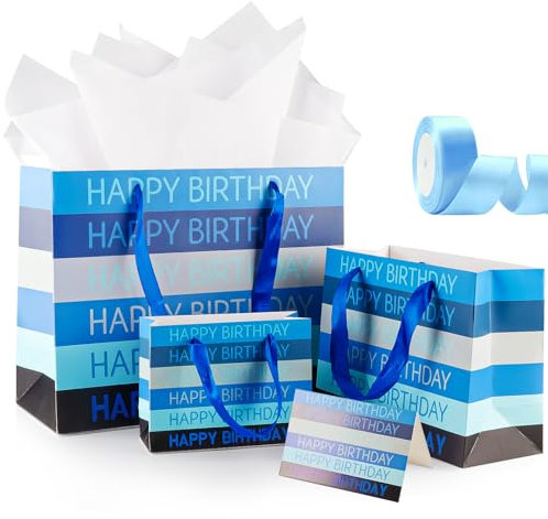 Yiran Geschenktüte Große Mittlere Klein 3 Stück Blau Geschenktasche mit Seidenband,Grußkarten und Verpackungspapier, Happy Birthday Gift Bag Party Deko Geburtstag Junge Mann Geschenk Tüte Papier