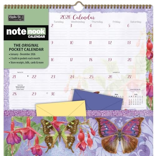 WSBL Butterflies 2026 Note Nook Wall Calendar – 12-Month Organizer Calendar with Dual Storage Pockets, Gorgeous Butterfly Artwork by Jane Shasky, 12″ × 12.125″
