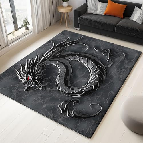 Alfombra de dragón de metal negro para salón, color gris oscuro, lavable, antideslizante, muy suave, mullida, alfombra de franela para dormitorio y cocina, 120 x 170 cm