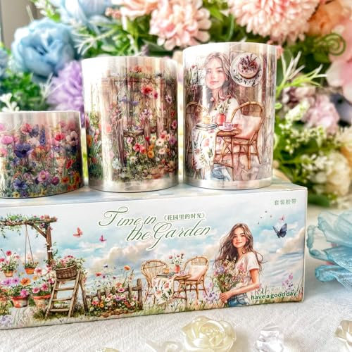 MisKepaa Blumen Tapes for Scrapbook Zubehör, 3 Rolls Pre-Cut PET Plant Washi Tape Stickers, Scrapbooking Zubehör Stickers Set for Bullet Journal, Scrapbooking, DIY Crafts, Painting (Spring Garden)