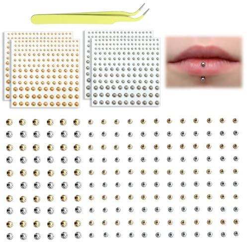 NHQZ 4 hojas 660 pcs de pegatinas falsas para piercing de nariz, sin perforación, piercing de labio falso, piercing de nariz falso, joyería de piercing falso para la cara, Con pinzas,3/4/5/6 mm