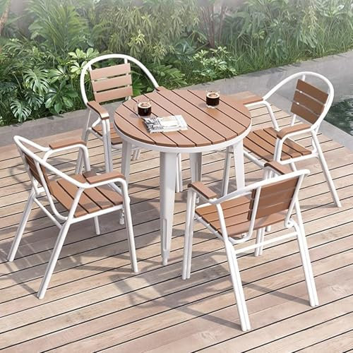Modern White Round Outdoor Wrought Iron 5 Piece Patio Furniture Set with Coffee Table and Chairs Ideal for Kitchen Dining Room and Office Use
