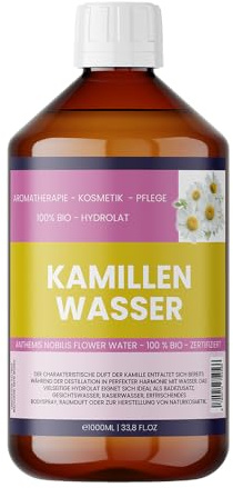 Kamillenwasser BIO – 100 % naturrein – Anthemis nobilis Flower Water – Gesichtswasser & Körperspray – Vegan, alkoholfrei, ohne Zusatzstoffe – Nakobe (1000ml)