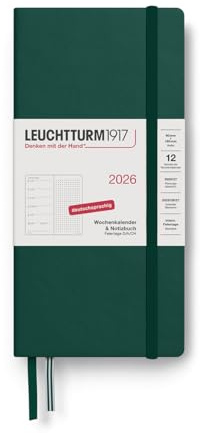 LEUCHTTURM1917 372874 Wochenkalender & Notizbuch Dotted Wallet (B6+ x A6) 2026, 12 Monate, Forest Green, Deutsch