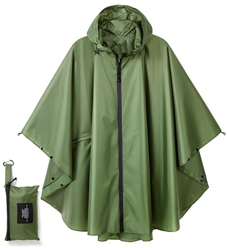 Royalotic Rain Poncho Reusable Adult Waterproof Hood Raincoat Packable Rain Jacket Zipper Rainwear Lightweight Cape with Pocket (darkgreen)