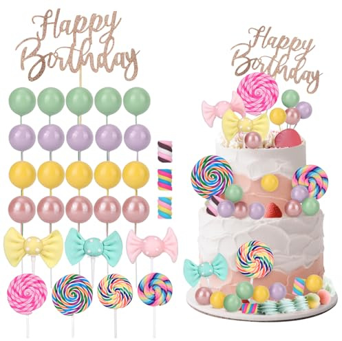 31pcs Candy Cake Topper, Happy Birthday Cake Decoration Lollipop Cupcake Toppers Colorful Candy Cupcake Decor for Girls Sweet Theme Birthday Party