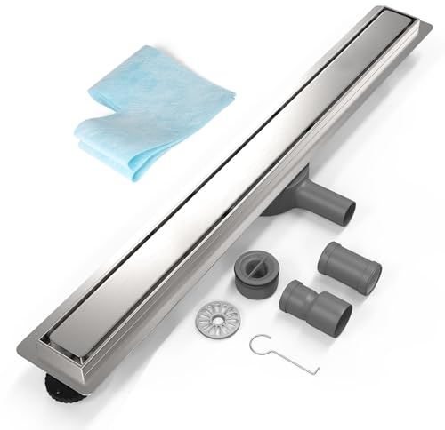 EFUTURETIME Duschrinne 80cm Edelstahl Bodenablauf Befliesbar mit Siphon | Komplettset, Duschabfluss Extra Flach, mit 360°, Geruchsstop und Haarsieb 2in1, DN40/DN50-Anschlussrohr, für Begehbare Dusche