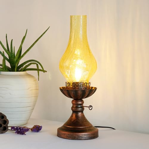 OOWOKS Vintage Petroleumlampe mit Riss Glas Lampenschirm, E27 Nostalgie Kerosin Lampe Retro Industrial Tischlampe, Rustikale Old Öllampe Tischleuchte für Wohnzimmer Schlafzimmer
