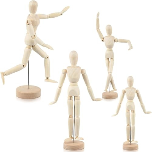 Asyduey 4 Pcs Posable Wooden Mannequin Figure Wood Human Model Drawing Figure for Sketching Painting Christmas Desk Decor