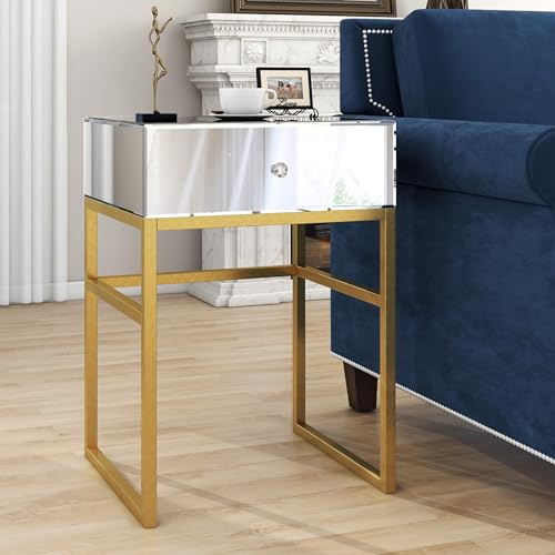 SHYFOY Mesita de noche dorada con placa de espejo y cajón, mesa auxiliar moderna con mango de cristal, patas de metal, 45 x 40 x 64,5 cm para salón o dormitorio