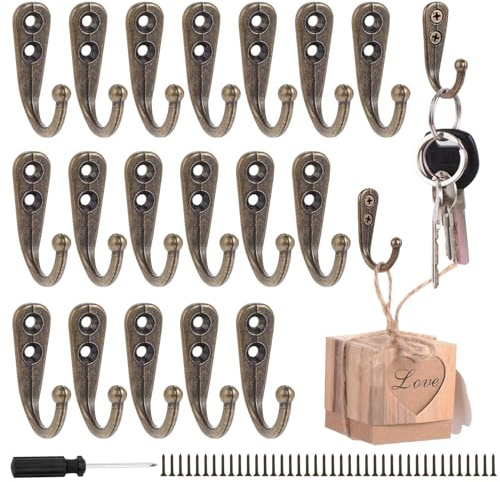 20Pcs Small Coat Hooks Wall Mounted, Heavy Duty Bronze Coat-Hooks with 40 Screws, Wall Mounted Single Hook, Vintage Single Metal Robe Hooks for Hanging Key Jewelry Cup Cloth Bag Cap, Screwdriver