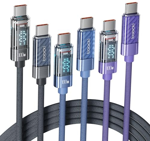 toocki 100W USB C auf USB C Kabel, 1M [3Stück] Ladekabel with LED Display | Nylon,PD QC3.0 Langlebig für iPhone 17 Pro Max MacBook Pro Air iPad Pro Air Galaxy S24 S23 Pixel Switch(Grey+Lila+Blau)