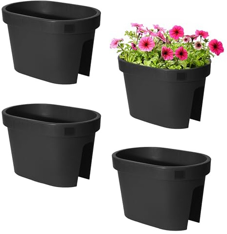 Spetebo Balkon Blumentopf Oval Anthrazit 4er Set - 40 x 26 cm - Kunststoff Pflanzkasten zum Einhängen am Geländer - Garten Blumen Schale zum Hängen