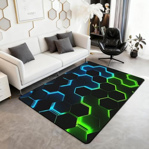 Manfei 3D Abstrakte Sechseck Bereich TeppichBlau Grün Neon Licht Geometrische Plaid Teppich für Teenager Schwarze Honeycomb Modern Einfacher Stil Rutschfester Teppich für Wohnzimmer Büro 3'x5''