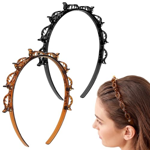 2er-Set haarreif mit klammern, rutschfeste haarreifen damen mit integriertem Kamm für Damen und Mädchen, haarreifen mit klammern für gedrehte Ponyfrisuren, stylische Ponyfrisuren (Schwarz, Braun)