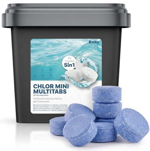 Belko® Chlor MultiTabs 5 in 1, 20 g Multifunktionstabletten, 5 kg VPE, langsamlöslich, Langzeitdesinfektion, Algenvernichtung, Trübungsentfernung, Härtestabilisator für Pools bis 20 m³