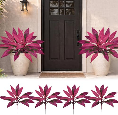 4PCS Artificial Tropical Plant Outdoor UV Resistant Large Fake Plants | Faux Boston Ferns Plants Realistic Agave Plastic Hostas Greenery Patio Outside Shrubs Flower Grass Front Porch Decor
