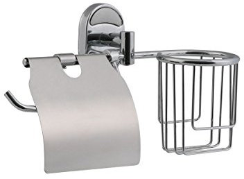 axentia Toilettenpapierhalter mit Aufbewahrungskorb als Ablage - WC Rollenhalter Wand mit Edelstahl Platte - Design Klopapierhalter zur Wandbefestigung im Bad