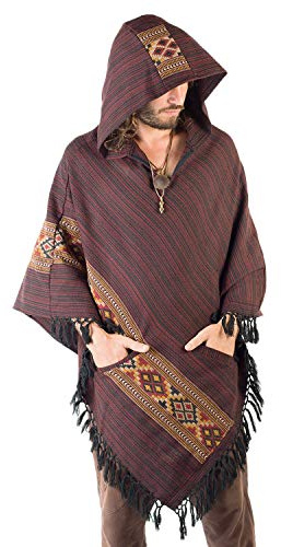 Män röd Crimson Yak ull poncho med stor huva handgjord primitiv festival mexikansk tribal broderat alternativ