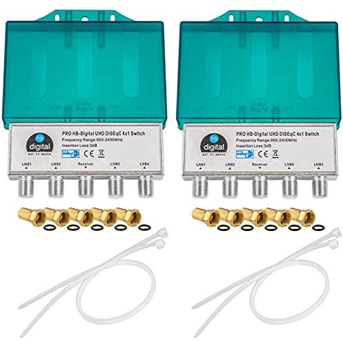 2X PRO DiseqC Schalter Switch 4/1 mit Wetterschutzgehäuse HB-DIGITAL 4X SAT LNB 1 x Teilnehmer/Receiver für Full HDTV 3D 4K UHD + 10 x Vergoldete F-Stecker Vergoldet