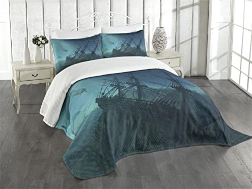 ABAKUHAUS Nautisch Tagesdecke Set, Dolphins Schiff Sea, Set mit Kissenbezügen Kein verblassen, für Doppelbetten 220 x 220 cm, Blaugrau Hellblau Teal