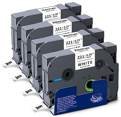 4x XemaX Kompatibel TZe-221 TZe 221 9mm Schriftband als Ersatz für Brother P-Touch TZe-221 TZe 221 TZe221 9mm Schwarz auf Weiß für Brother PT-D400 PT-H105 PT-D200BW PT-1000 PT-H100 PT-H101C PT-1010