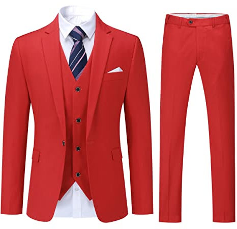 YOUTHUP Costume Homme 3 Pièces Mariage Business Slim Fit Smoking Un Bouton Formel Blazer Veste Gilet et Pantalon, Rouge, S