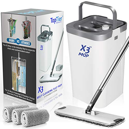 Set of 3 Mop and Bucket for Flat Floors - Separates Dirty and Clean Water - 3 Chamber Design - Hands Free Cleaning - 3 Reusable Microfiber Pads Included