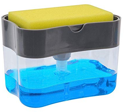 Brussels Kitchen Dishwashing Soaps Dispenser with Sponge Holder, Manual Press Dishwasher Detergent Liquid Pump Dispenser Box with Sponge Cleaning Pad Grey