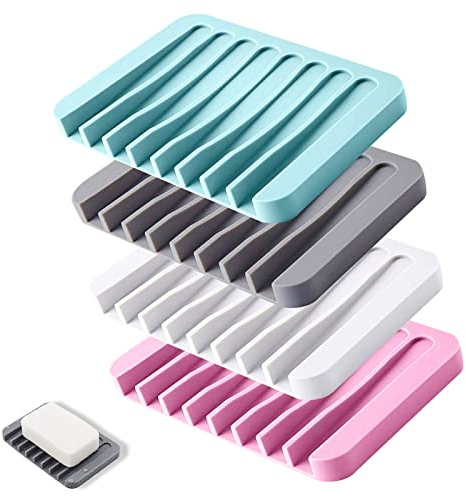 Jabonera Silicona, Jabonera con Desagüe, Bandeja De Jabón Antideslizante para Baño, Cocina, Encimera, 4 Piezas