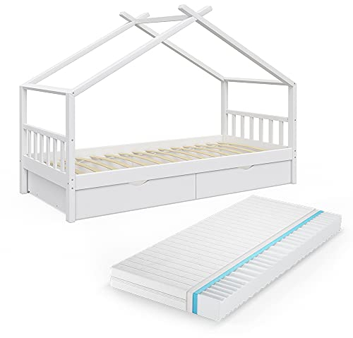 VitaliSpa Hausbett Design, Weiß, 90x200 cm mit 2 Schubladen und Matratze