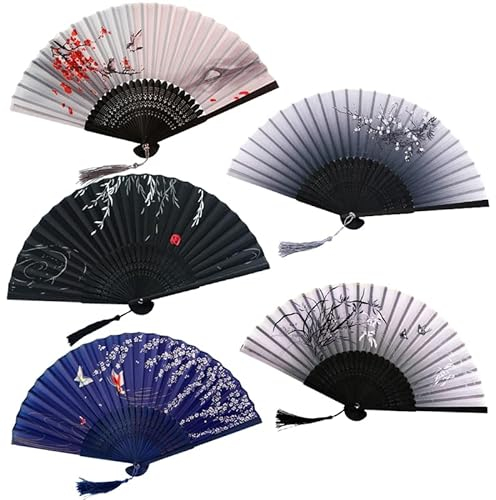 RunFar shop 5 Stück Handfächer Fächer Folding Fans Hand Fans Bambus Fans mit Quaste Faltfächer Klappfächer Taschenfächer für Wanddekoration Geschenke Hochzeit (bunt A)