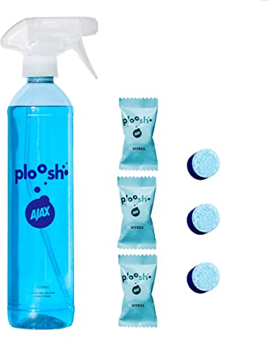 AJAX Ploosh Ajax nettoyant vitres 3x3g pastilles = 3x500ml = 1500ml - Spray nettoyant vitres - Bouteille réutilisable - Pastilles à 98% d'ingrédients d'origine naturelle-Packaging recyclable