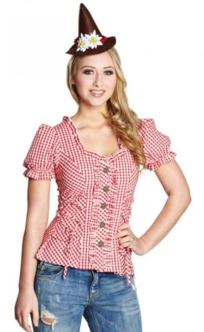 Krause & Sohn Oktoberfest Bluse Trachtenbluse für Damen Gr. 46-48 rot weiß kariert Dirndl Trachten-Outfit Wasen Volksfest-Mode